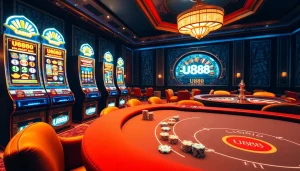 Experience the thrill of U888 online casino with vibrant slot machines and an elegant poker table.