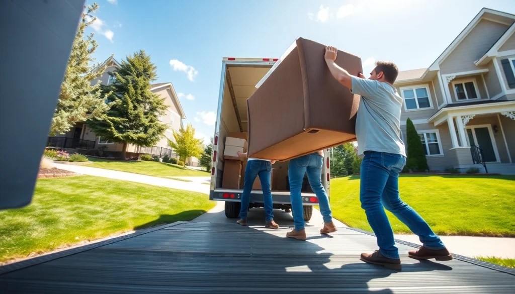 Expert calgary movers maneuvering furniture onto a moving truck in a suburban setting.