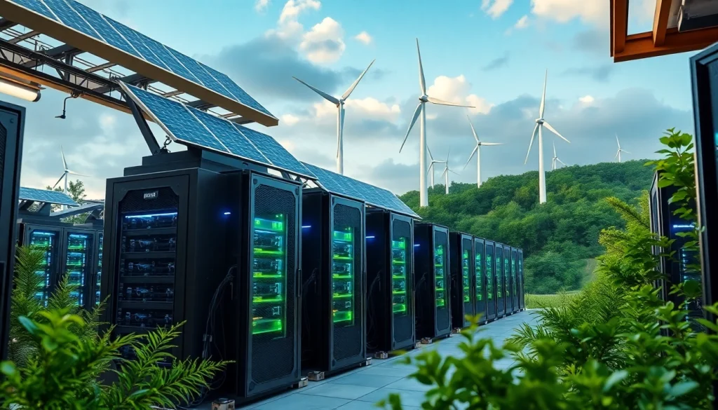 Crypto mining facility utilizing renewable energy sources with advanced technology and sustainable practices.