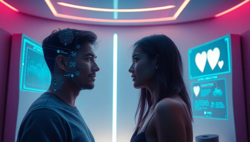 Engaging scene of a human interacting with sex AI technology in a modern setting