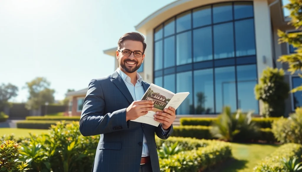 Real Estate agent showcasing a luxury home with stunning garden features in sunny environment.