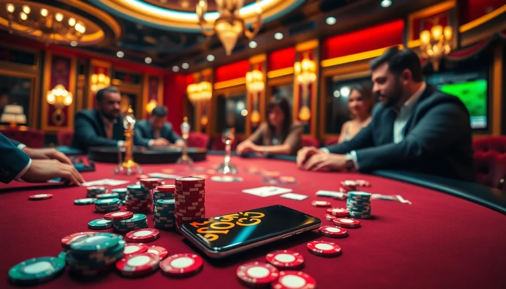 Exciting high-stakes poker game featuring S8 smartphone among colorful chips and cards.