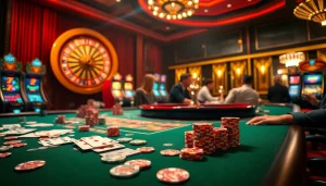 Experience the thrill of casino gaming with RAJABARONG, showcasing vibrant chips and exciting slot machines.