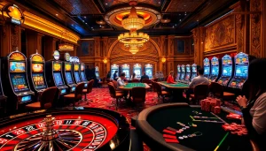 Aksi permainan yang mendebarkan di kasino dengan mesin slot bertema 'obral toto' dan meja poker.