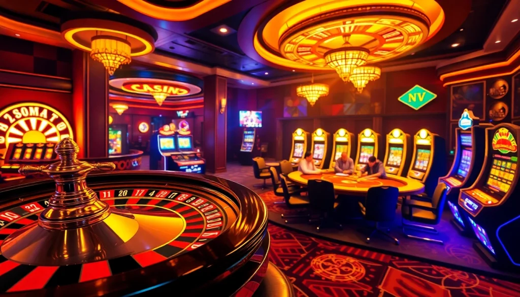Experience the thrill of gambling at nhà cái nohu90 with vibrant casino visuals featuring tables, cards, and excitement.
