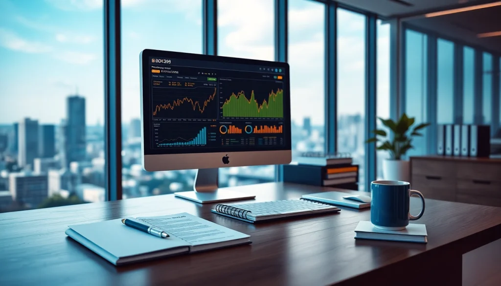 Professional financial office scene with BOX138 branding, featuring charts and a city skyline.