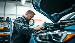 Find a reliable mechanic near me working diligently under the hood of a vehicle.