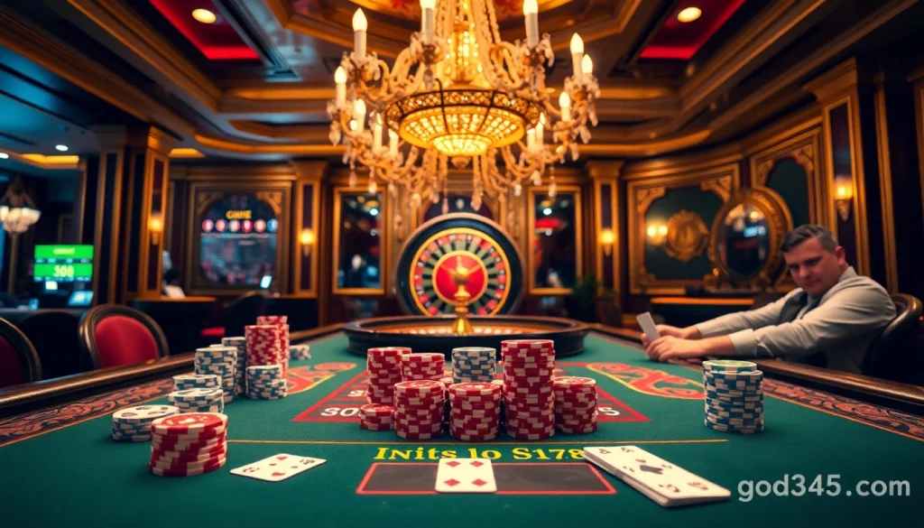Engaging gameplay at a casino table with vibrant chips and cards featuring https://www.god345.co/.