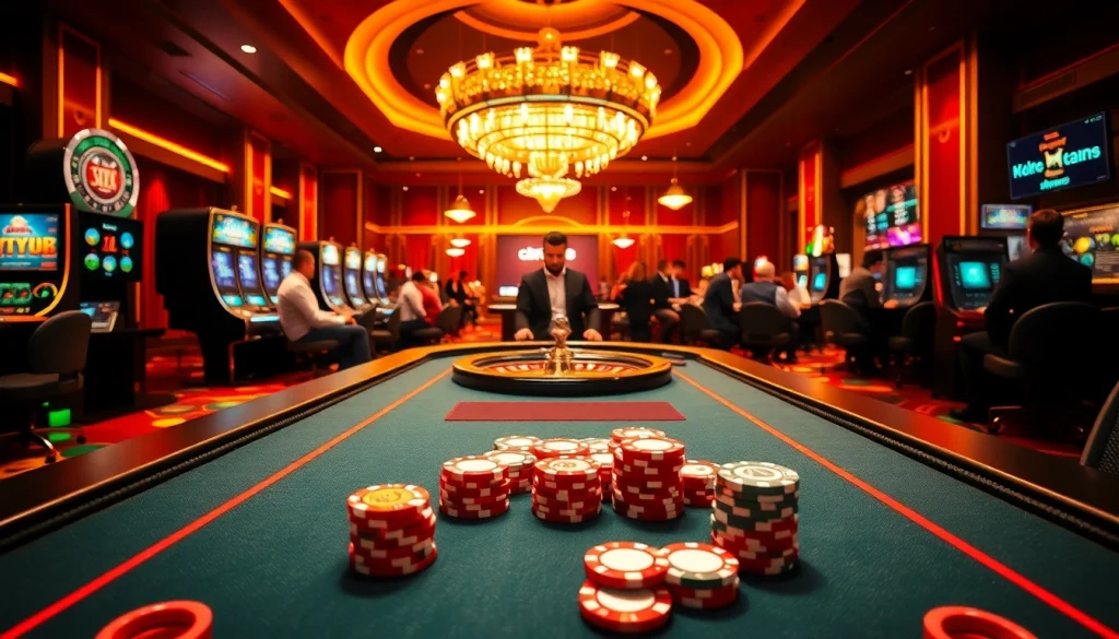 Experience the thrill of gaming at xx88 com with a dealer at an elegant poker table surrounded by dynamic casino visuals.