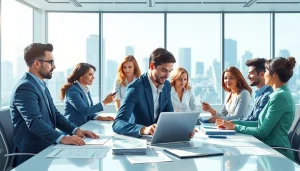 Engaged business professionals collaborating in a vibrant office environment.