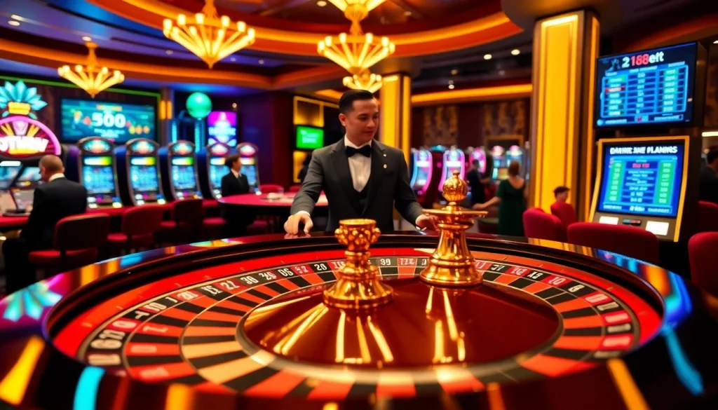 Experience luxury and excitement at 188bet.archi with a vibrant casino scene featuring a roulette wheel and eager players.