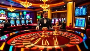 Experience luxury and excitement at 188bet.archi with a vibrant casino scene featuring a roulette wheel and eager players.
