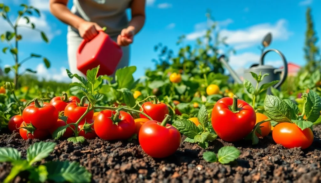 Gardening scene showcasing a vibrant vegetable garden with fresh produce and a gardener at work.