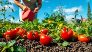 Gardening scene showcasing a vibrant vegetable garden with fresh produce and a gardener at work.
