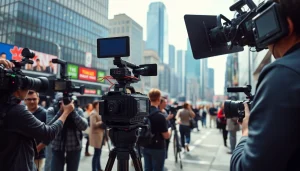 Capture the essence of reporting with https://news-parade.com.ua in a bustling urban setting.