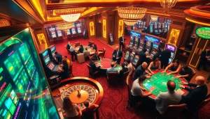 Players enjoying the thrill of birutoto at a vibrant casino scene with roulette and slot machines.