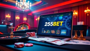 Experience the excitement of 255BET Download with an immersive online casino scene featuring chips and cards.