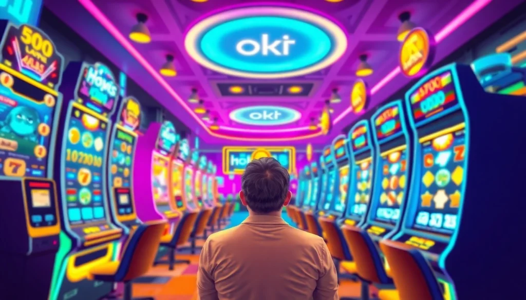 Exciting online gaming with hoki138 pro branding showcasing vibrant slot machines and engaged players.