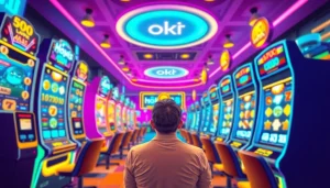 Exciting online gaming with hoki138 pro branding showcasing vibrant slot machines and engaged players.