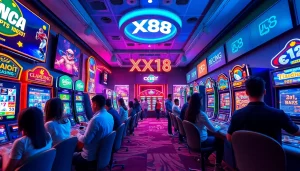 Engaging scene of online gaming at XX88.XYZ, showcasing diverse players in a vibrant casino atmosphere.