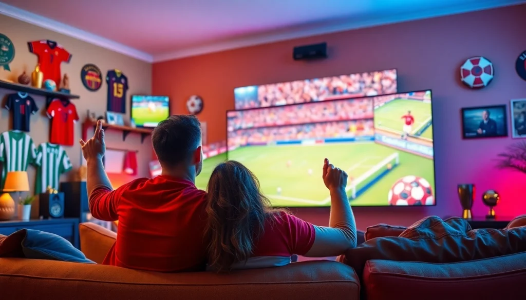 Watch Diema Sport online free in a cozy living room with sports fans enjoying live matches.