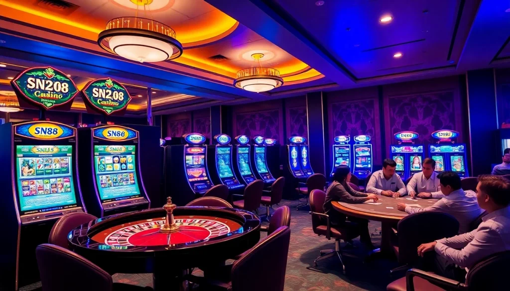 Exciting SN888 Download casino scene with vibrant slot machines and roulette.