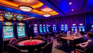 Exciting SN888 Download casino scene with vibrant slot machines and roulette.