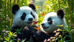 Pandachi.fr, un panda joyeux dans la forêt luxuriante, entouré de fleurs sauvages.