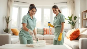 Engaging cleaning service team providing professional cleaning in a bright modern home.