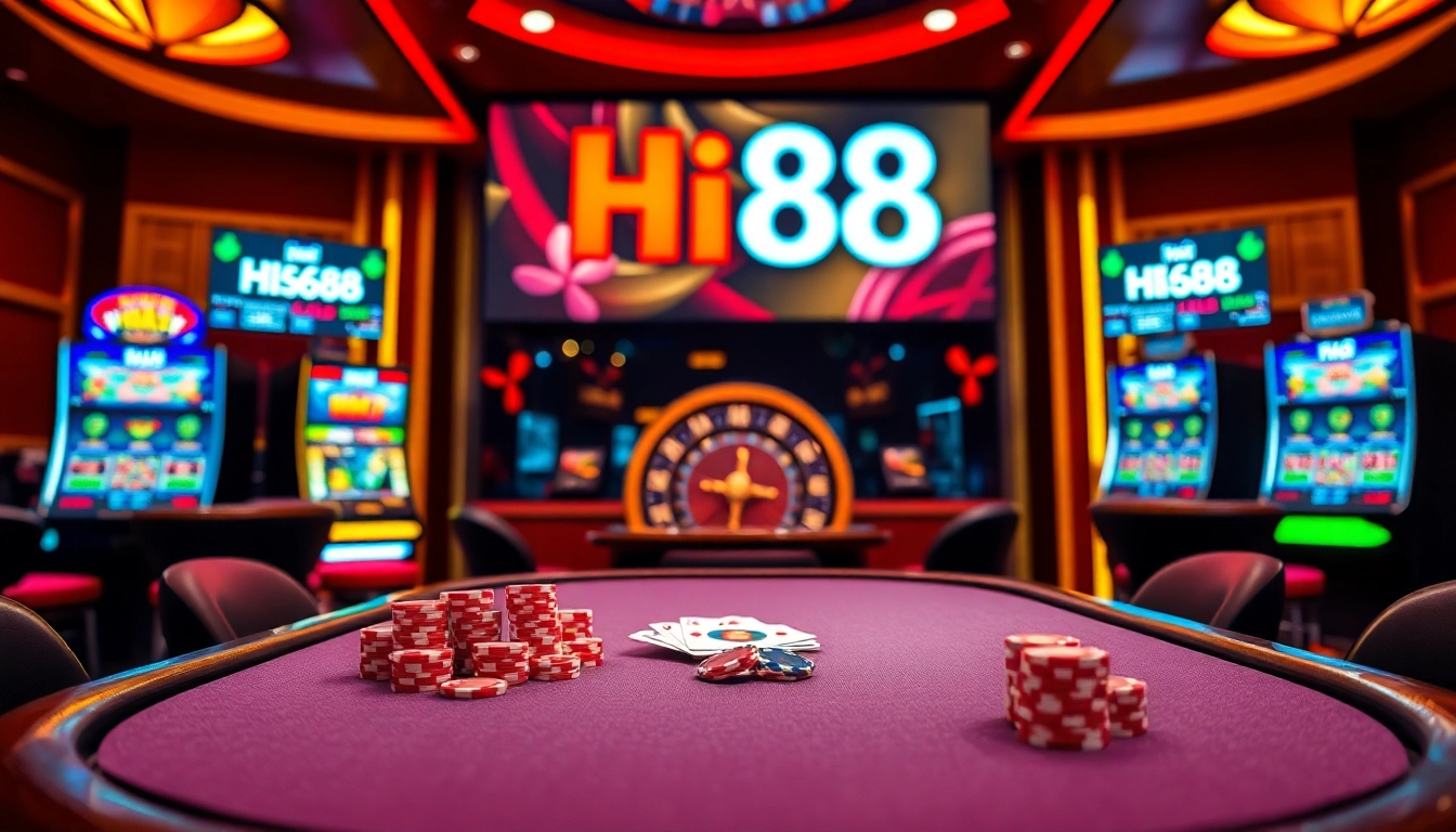 Engaging scene of high-stakes poker at Hi88 casino, showcasing cards and chips.