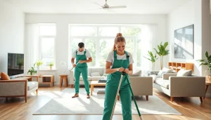 Cleaning service team thoroughly organizing a bright living room with professionalism.
