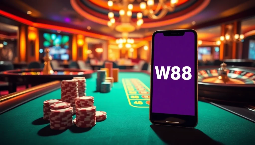 Tận hưởng sự phấn khích của trò chơi bằng cách truy cập liên kết W88 trên điện thoại thông minh tại một casino sang trọng.