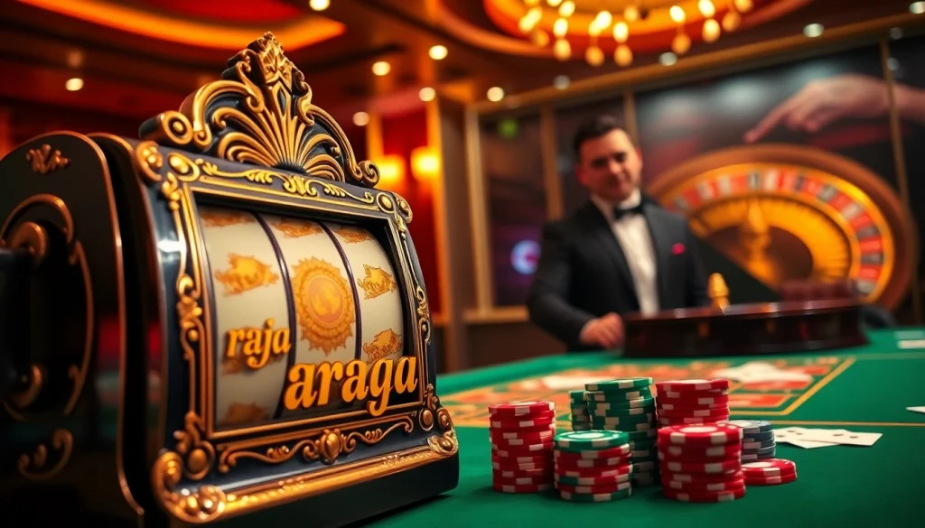 Experience the excitement of gambling at 'raja barong' with vibrant slot machines and poker chips.