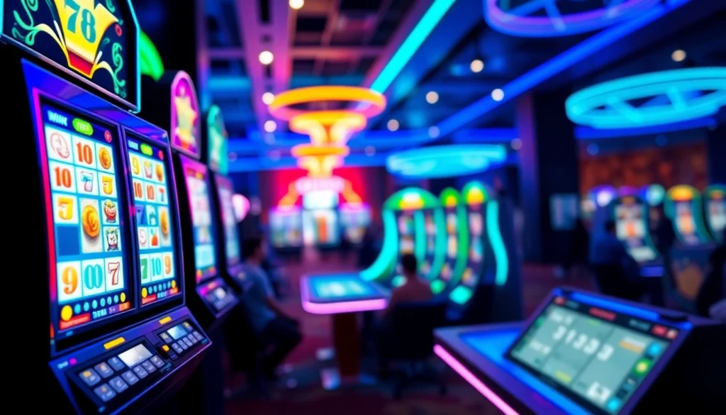 Menyajikan pengalaman bermain zoom188 dengan mesin slot dan cahaya neon yang bersemangat.