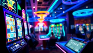 Menyajikan pengalaman bermain zoom188 dengan mesin slot dan cahaya neon yang bersemangat.