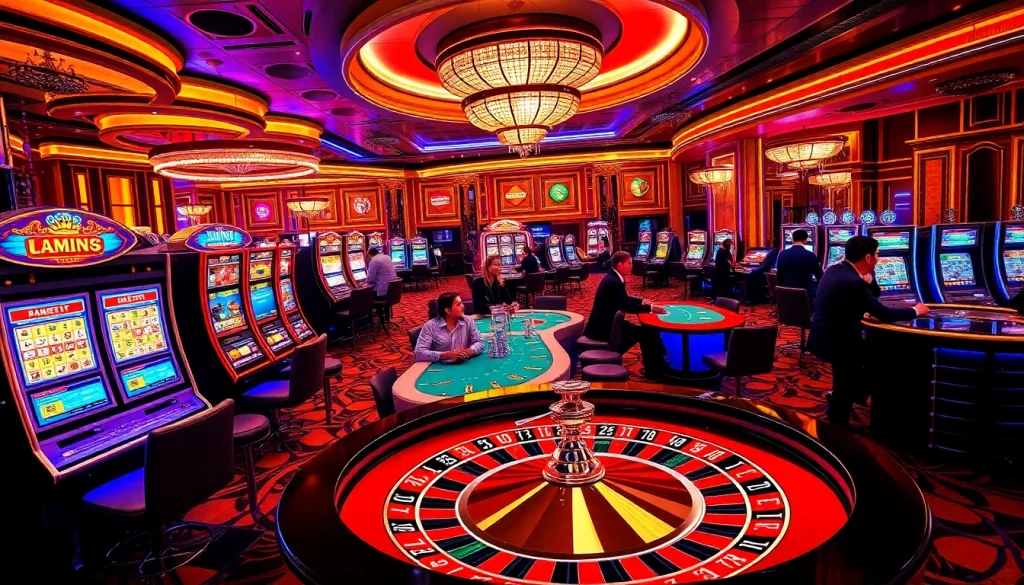 Experience excitement at JUN88's luxurious casino with vibrant slot machines and elegant gaming tables.