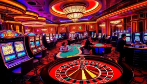 Experience excitement at JUN88's luxurious casino with vibrant slot machines and elegant gaming tables.
