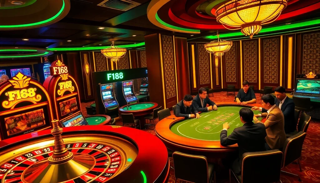 Exciting F168 brand casino scene with poker players, vibrant slot machines, and roulette wheel action.