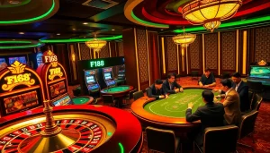 Exciting F168 brand casino scene with poker players, vibrant slot machines, and roulette wheel action.