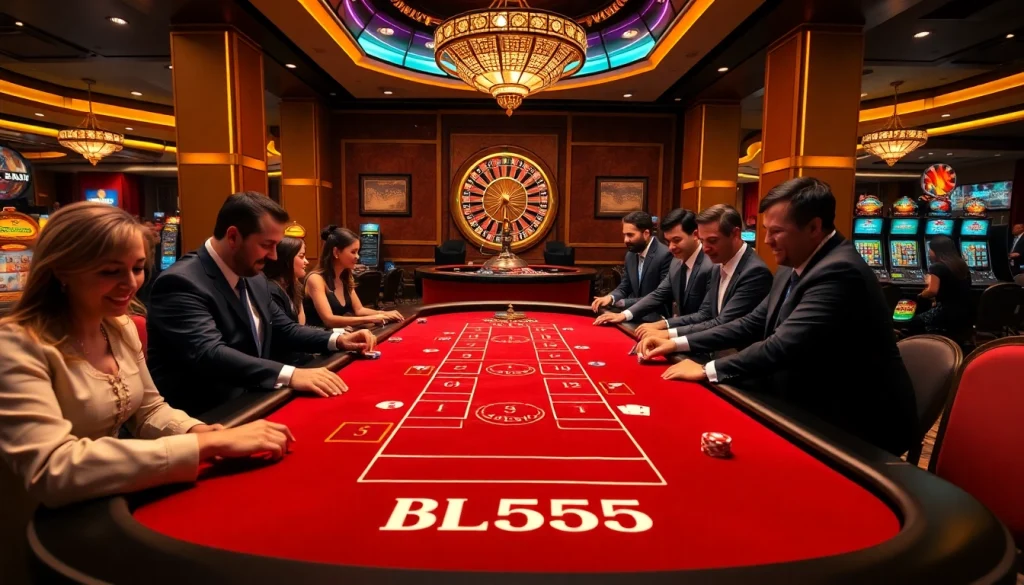 Players enjoying high-stakes gambling at a BL555 casino table with vibrant poker chips.