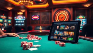 Excited gamblers playing at Hi88 poker tables with vibrant atmosphere and roulette wheel.