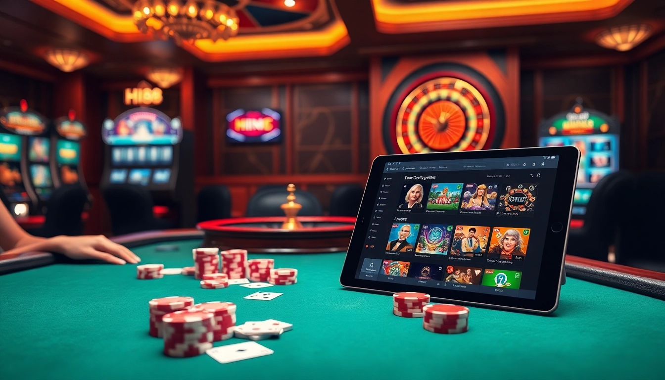 Excited gamblers playing at Hi88 poker tables with vibrant atmosphere and roulette wheel.