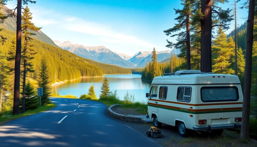 Capture the adventure spirit of https://fernweh-abenteuer.de with a vintage camper by a serene lake.