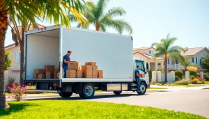 Moving and Storage San Diego services with friendly movers loading a truck in a sunny neighborhood.