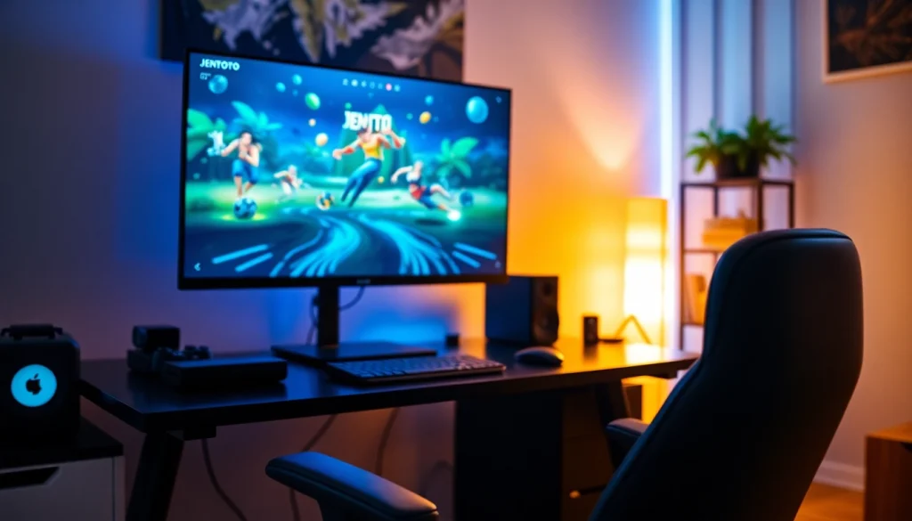 Jentoto pengalaman bermain slot di ruang kerja modern, dengan layar komputer yang menampilkan grafis menarik.