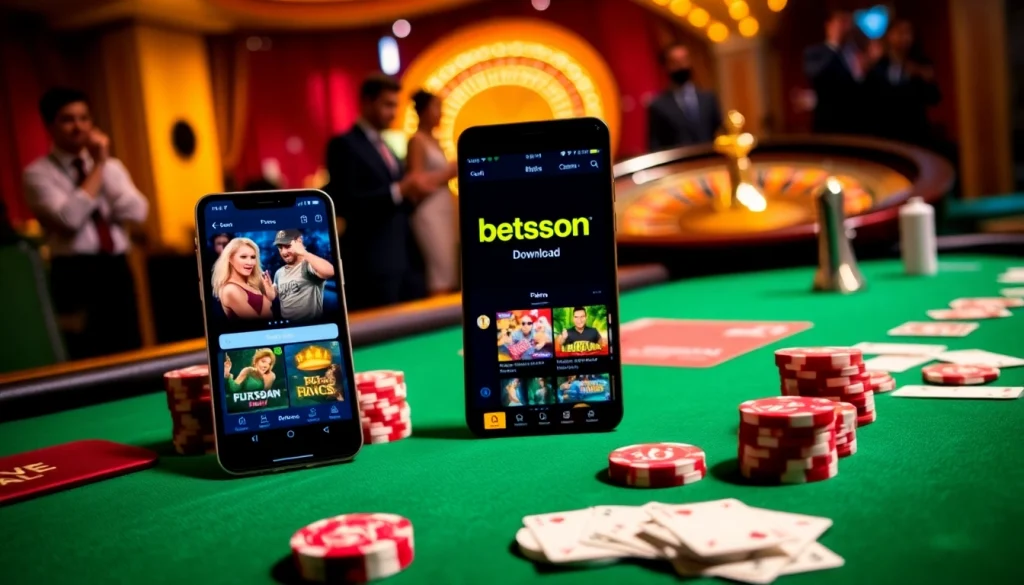 Betsson Download app displayed on a mobile device amidst a vibrant casino scene full of excitement.