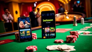 Betsson Download app displayed on a mobile device amidst a vibrant casino scene full of excitement.
