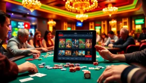 Players enjoying intense gambling action at Thabet's luxury casino table setting with vibrant poker chips and cards.