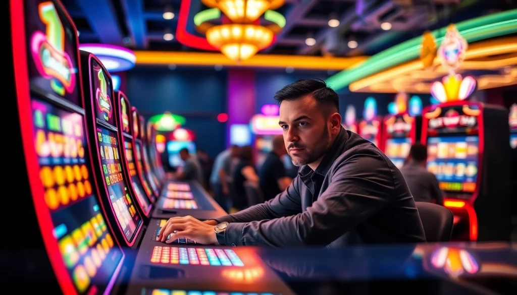 Mengalami keseruan permainan slot deposit 1000 di meja gaming modern, suasana casino yang energik.