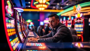 Mengalami keseruan permainan slot deposit 1000 di meja gaming modern, suasana casino yang energik.